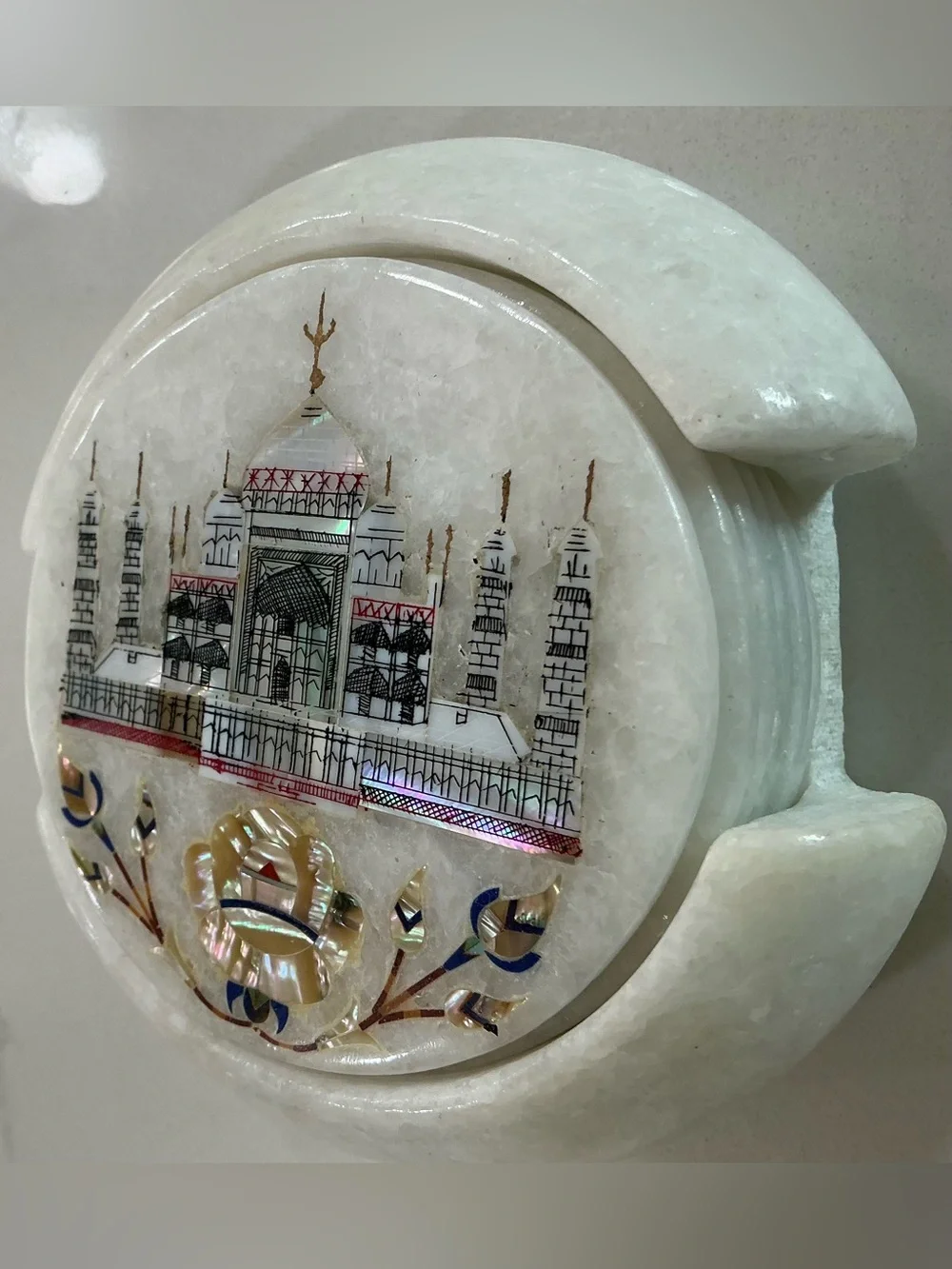 Set 6 Round Marble Tea Coaster Set Taj Mahal Art Gift-able Coaster for Eid 4.5”